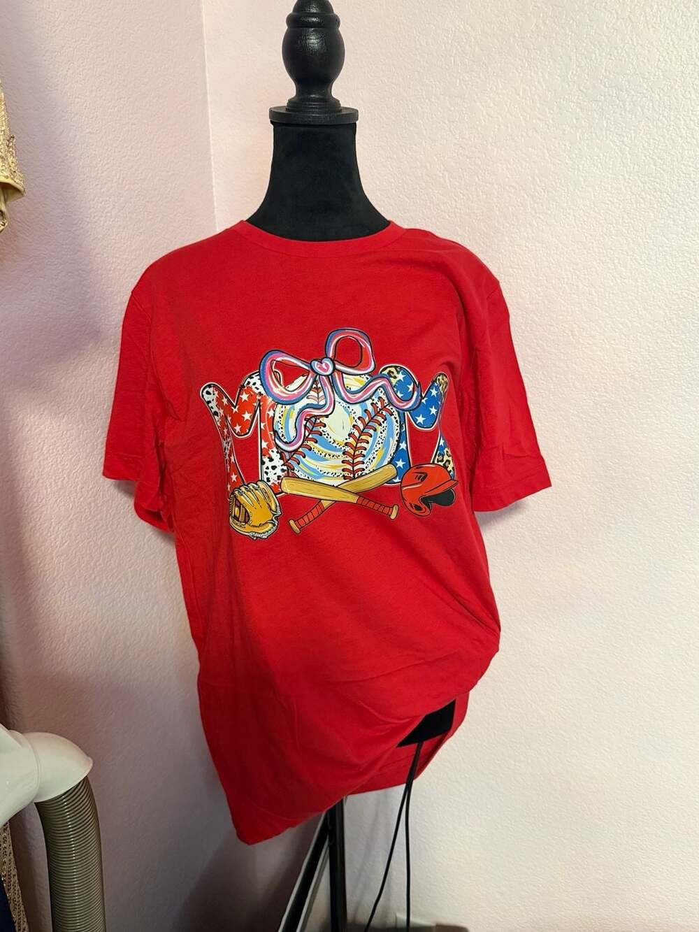 Baseball Mom Graphic Print Crew Neck Short Sleeve Red T-Shirt